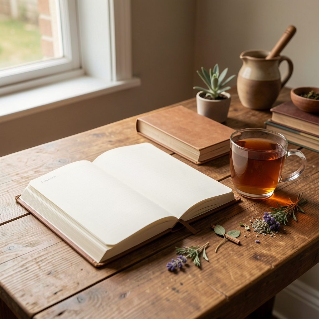 Open wellness journal and herbal tea on a wooden desk in a warm Kuala Lumpur editorial studio, natural daylight from window