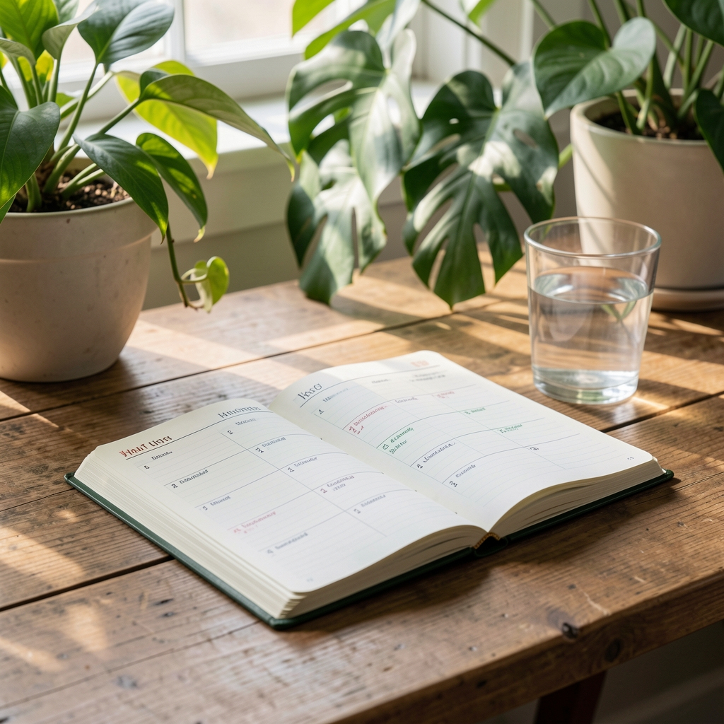 Habit tracker journal open on a wooden desk in soft morning light with a glass of water and tropical plants in background, editorial composition