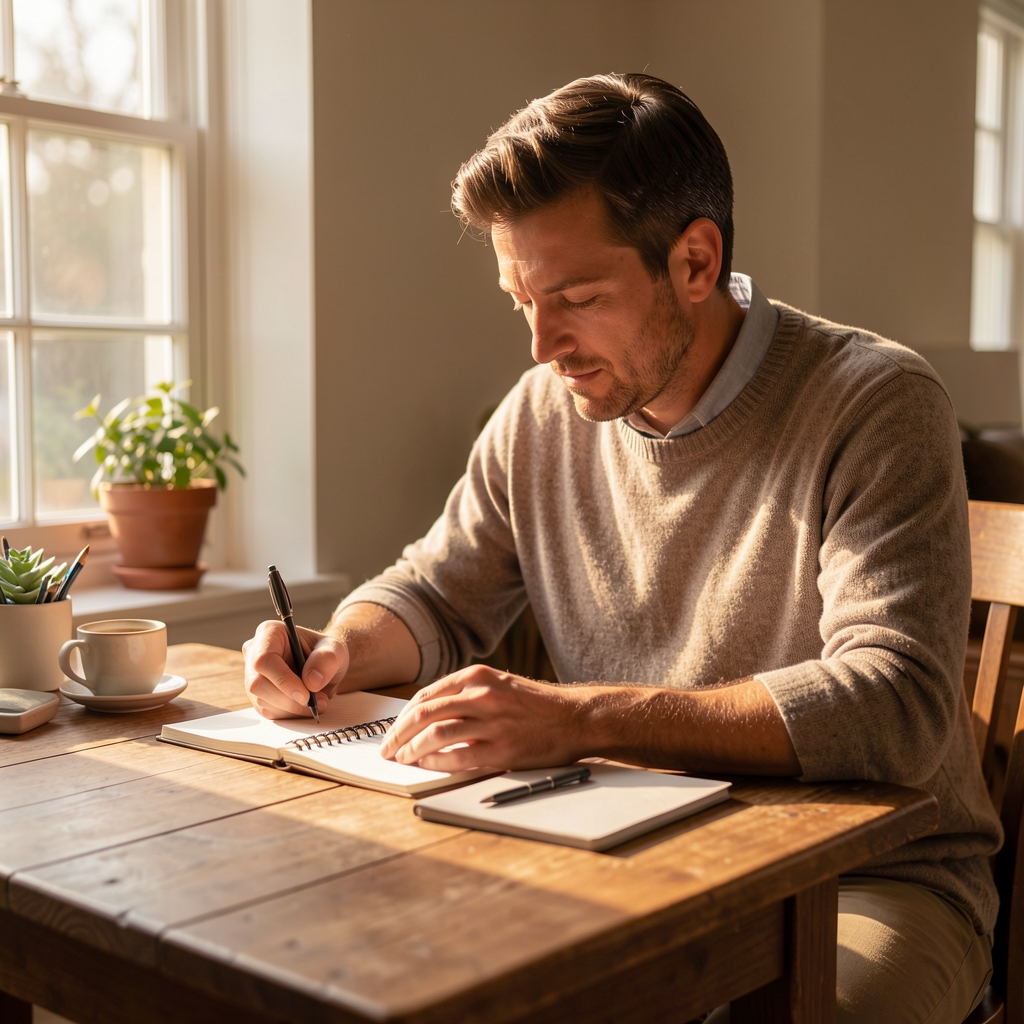 Man writing morning habit notes at a wooden desk with warm natural light coming through window, editorial composition