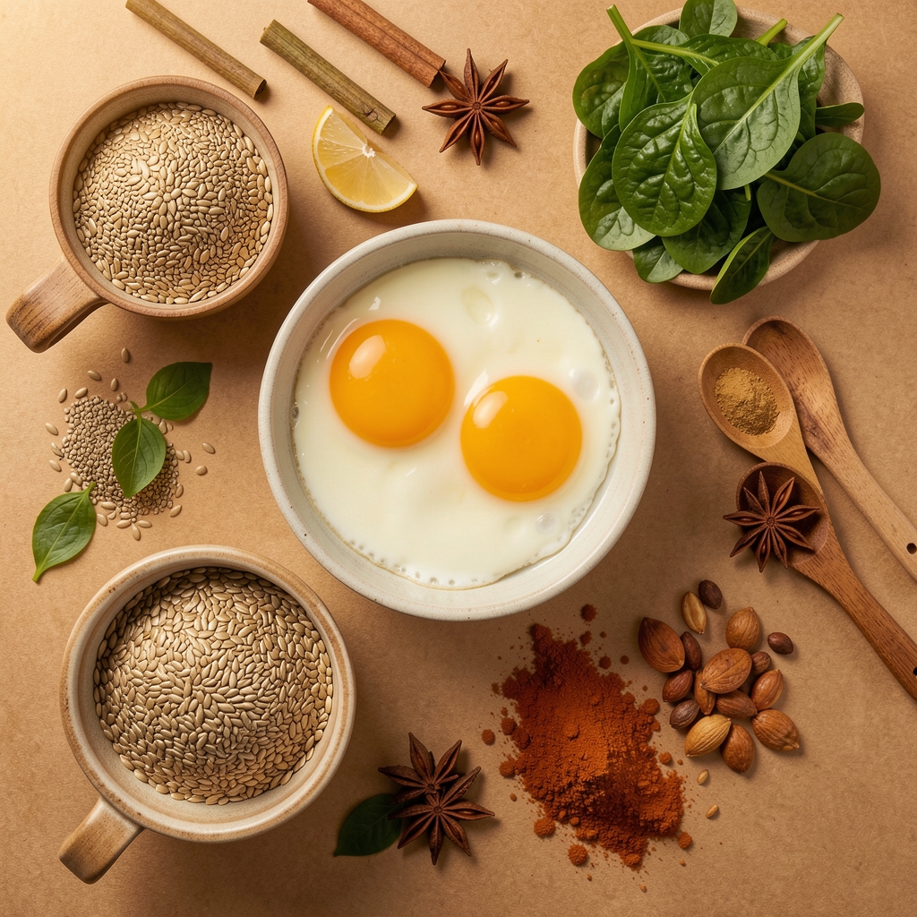 Whole foods flat lay with eggs, seeds, leafy greens and tropical spices on a warm editorial surface, overhead shot