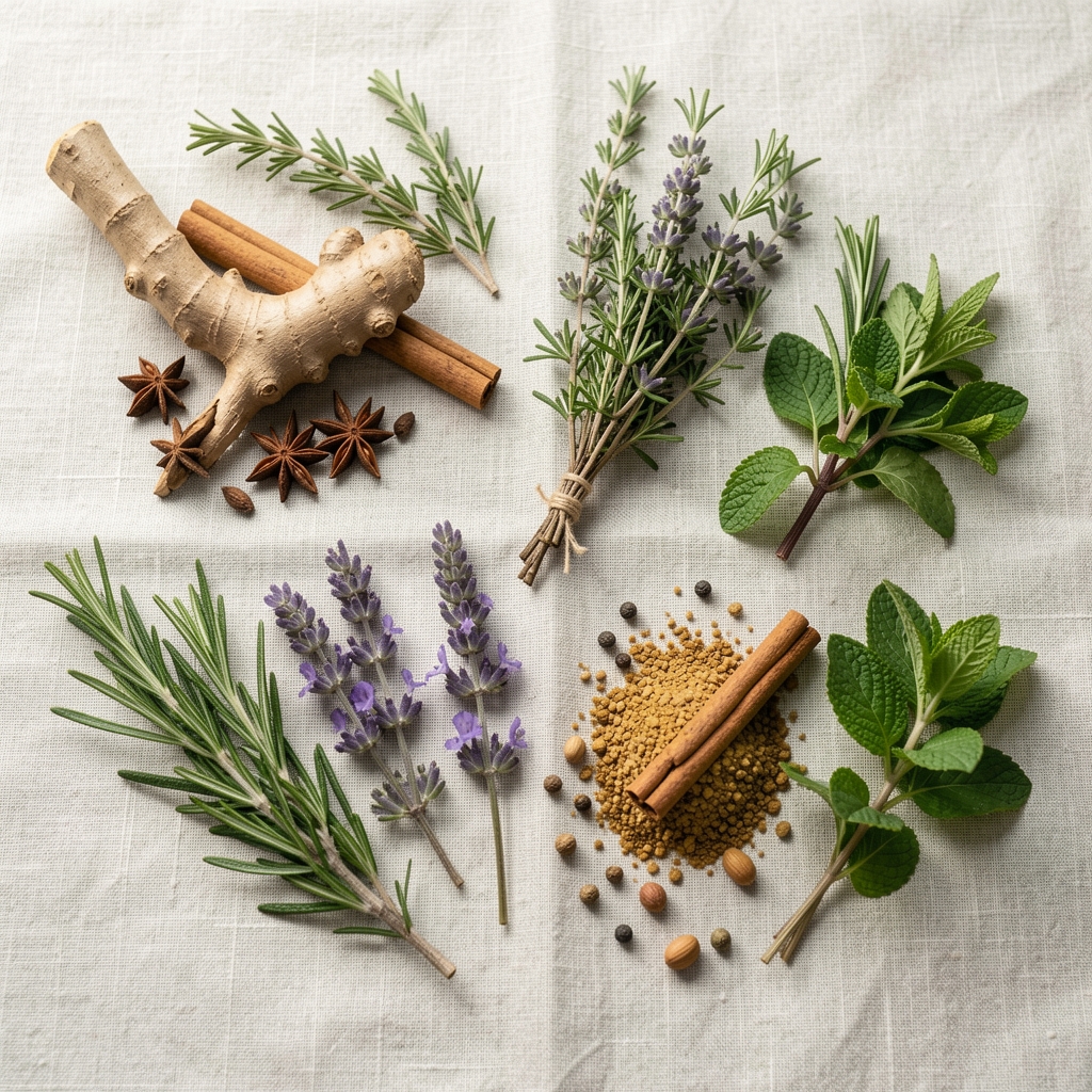 Traditional Malaysian herbs and spices arranged on a pale linen surface with natural daylight, flat lay editorial