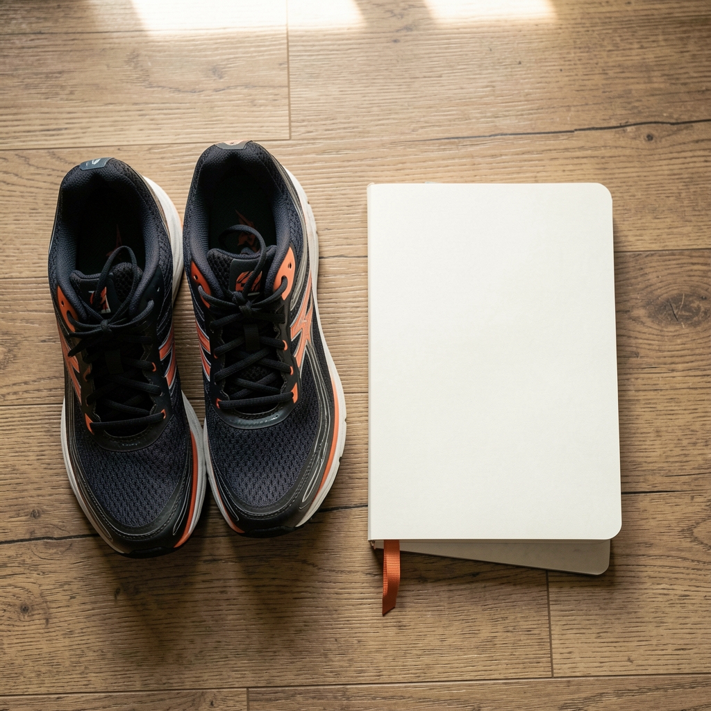 Running shoes beside a notebook on a wooden floor with natural morning light, editorial flat lay composition