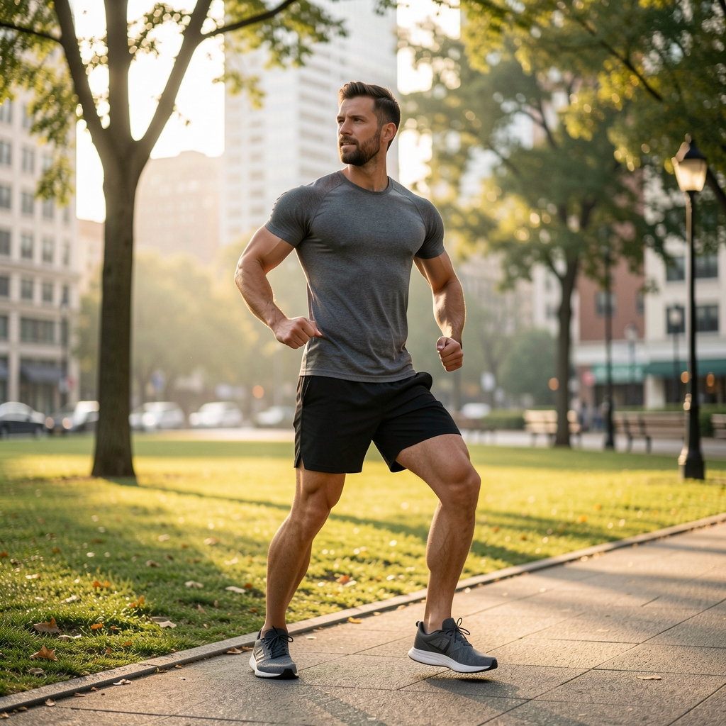Man doing morning outdoor movement at a Kuala Lumpur park, urban environment, early light editorial photograph