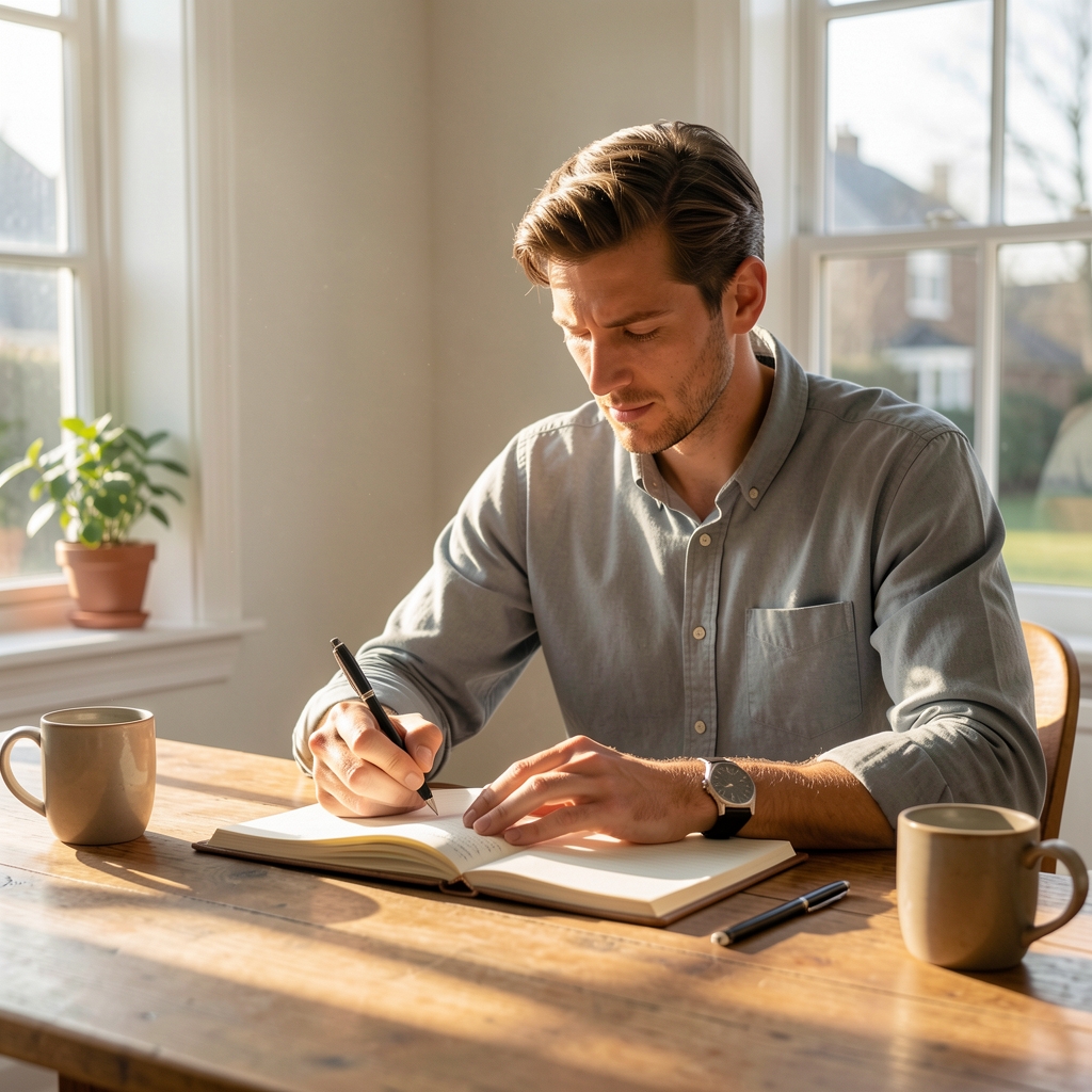Active man journalling in the morning at a sunlit wooden desk in Kuala Lumpur, editorial natural light composition