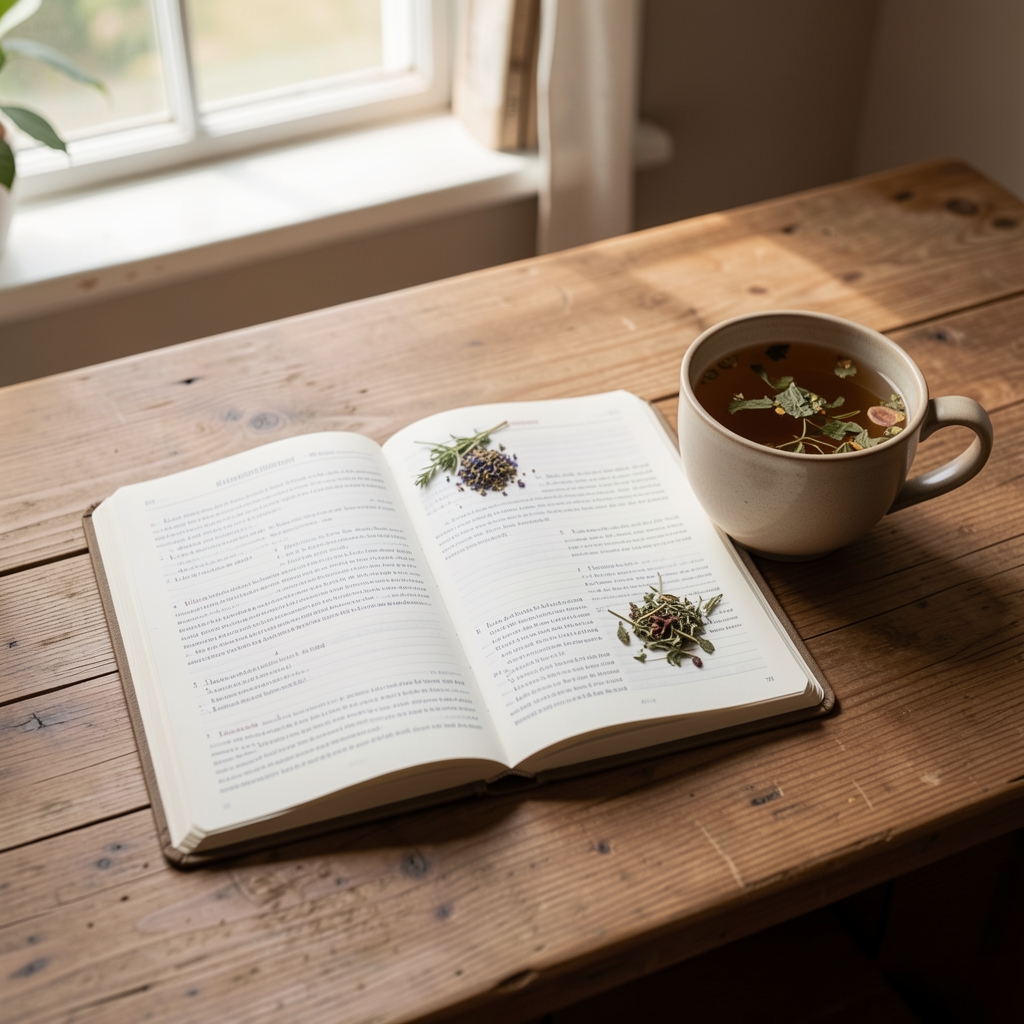 Open wellness journal and a cup of herbal tea on a wooden editorial desk, natural light filtering through window, flat lay composition